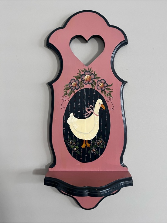 Other - Vintage Handmade 80s Wooden Heart Wall Shelf - Hand Painted Goose Folk Art